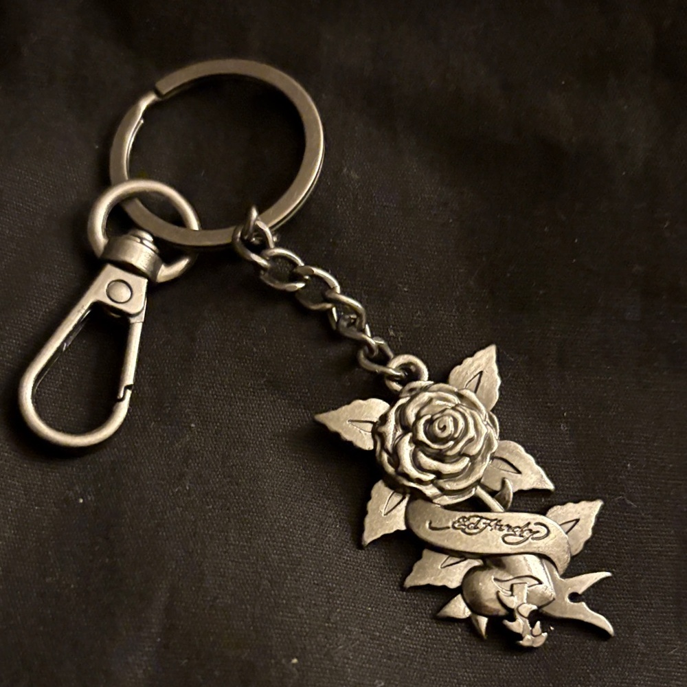 Ed Hardy Gunmetal Floral Keychain/ Bag Charm